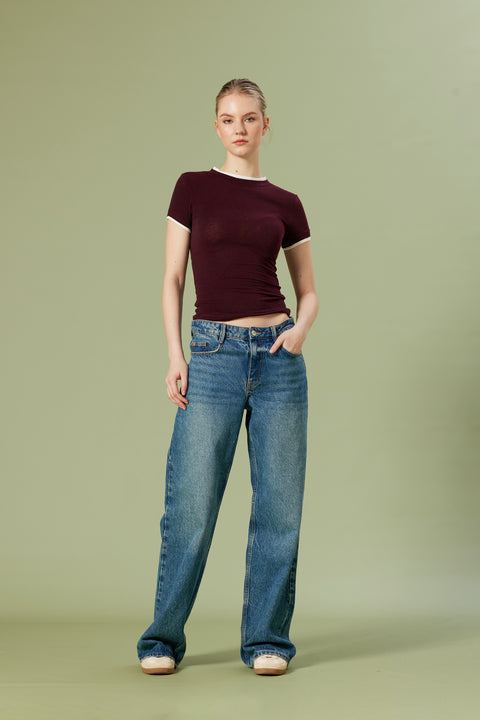 BORDO — KONTRAST DETAYLI T-SHIRT