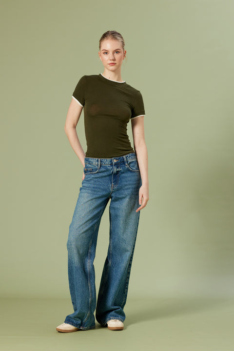 HAKİ — KONTRAST DETAYLI T-SHIRT