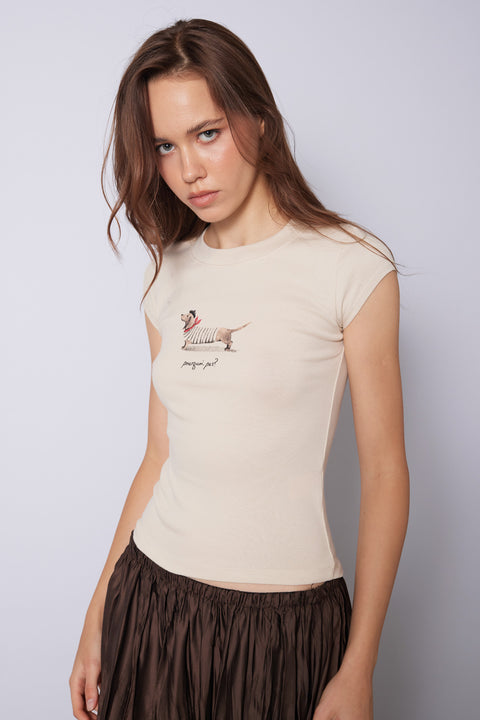 BEJ — KÖPEK BASKILI PAMUKLU T-SHIRT