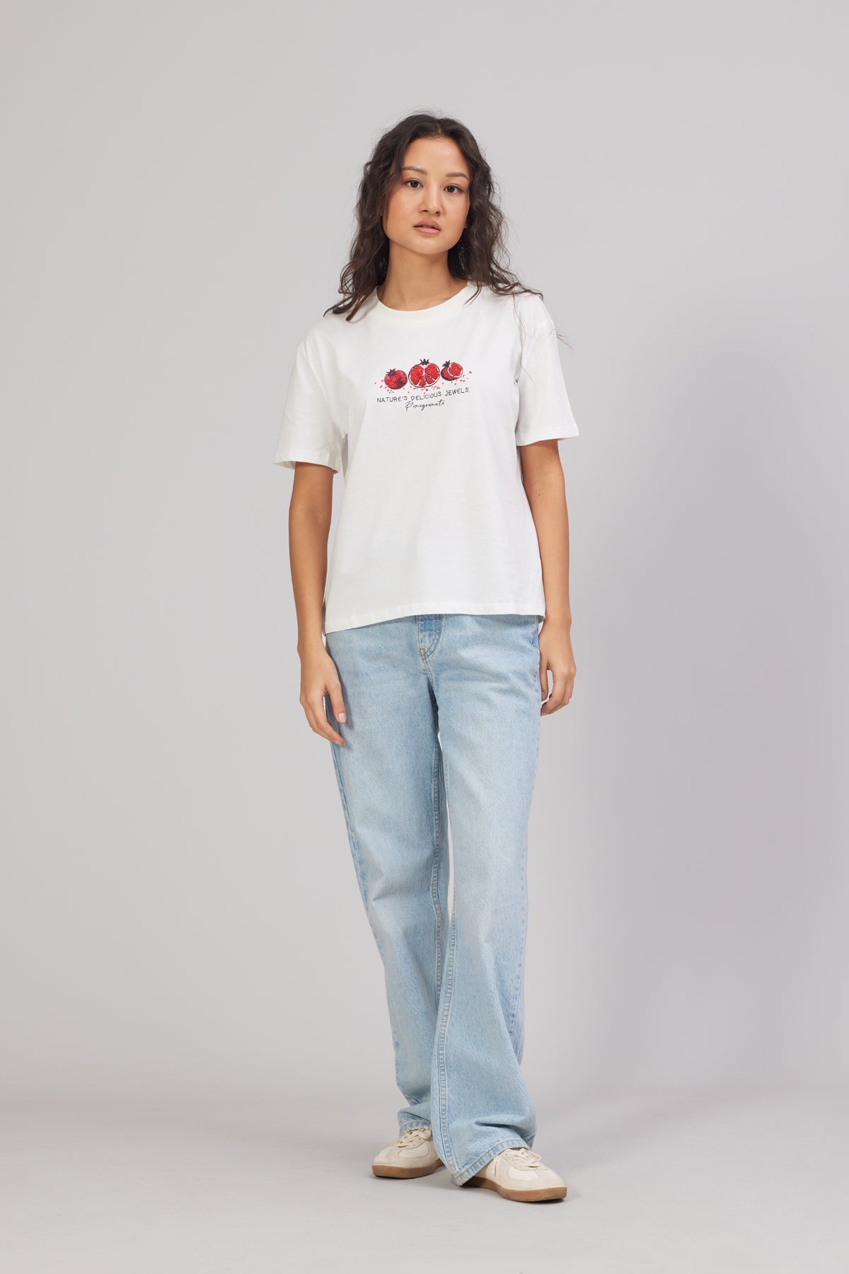 Nar Baskılı Pamuklu Bisiklet Yaka T-shirt