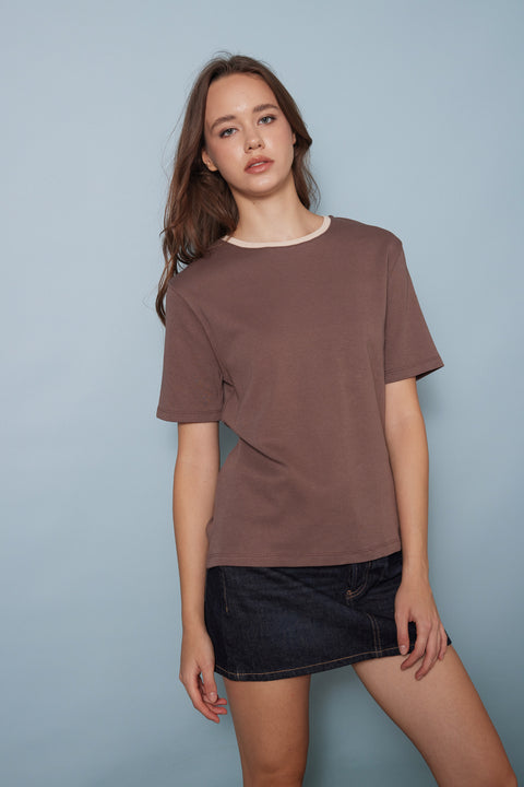KAHVE — Pamuklu Kısa Kollu Kontrast Bisiklet Yaka T-shirt