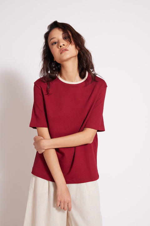 BORDO — Pamuklu Kısa Kollu Kontrast Bisiklet Yaka T-shirt