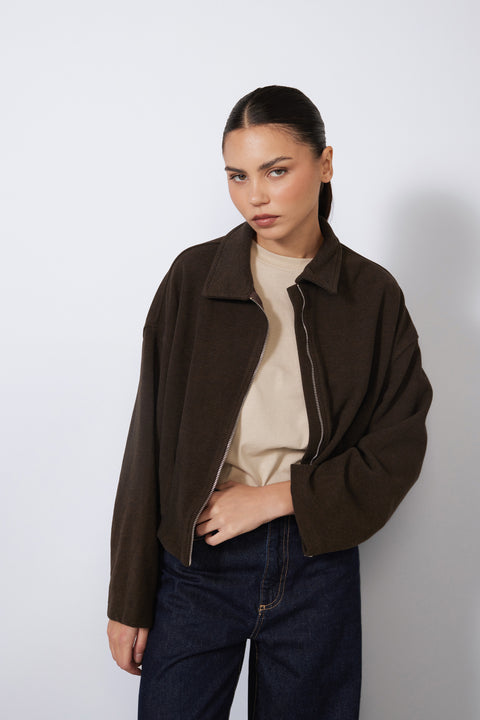 KAHVE — PİLİ DETAYLI FERMUARLI OVERSIZE YUMUŞAK DOKULU CEKET