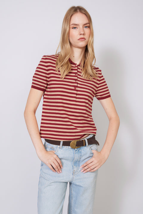 BORDO-CAMEL — POLO YAKA ÇİZGİLİ KISA KOLLU TRİKO KAZAK