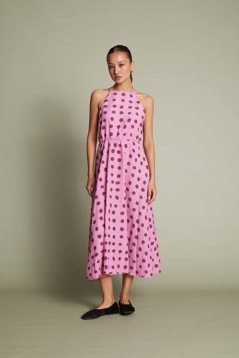 PEMBE — Keten Karışımlı Puantiye Desenli Halter Yaka Maxi Elbise