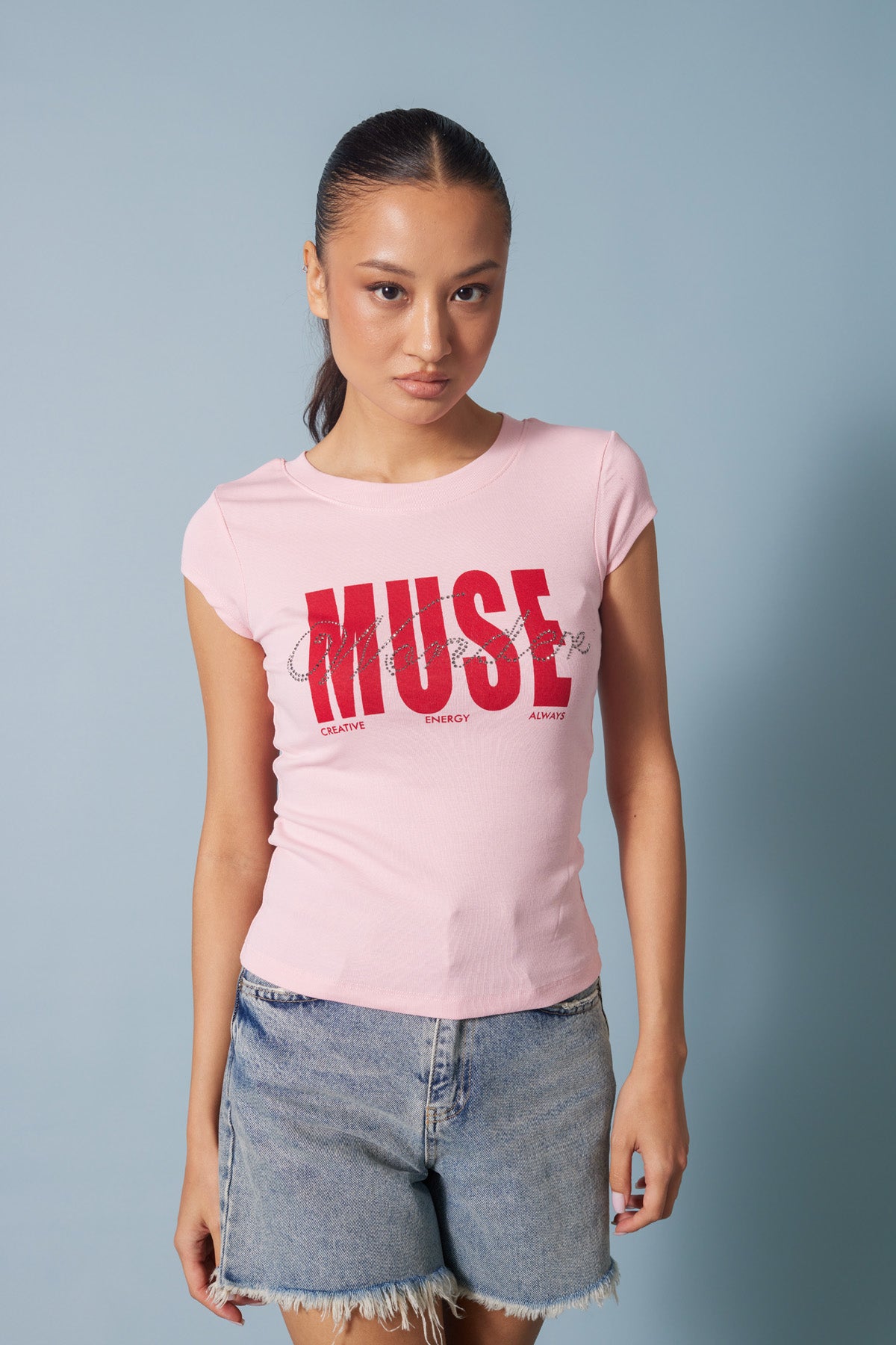 STRASS TAŞ BASKILI BİSİKLET YAKA T-SHIRT