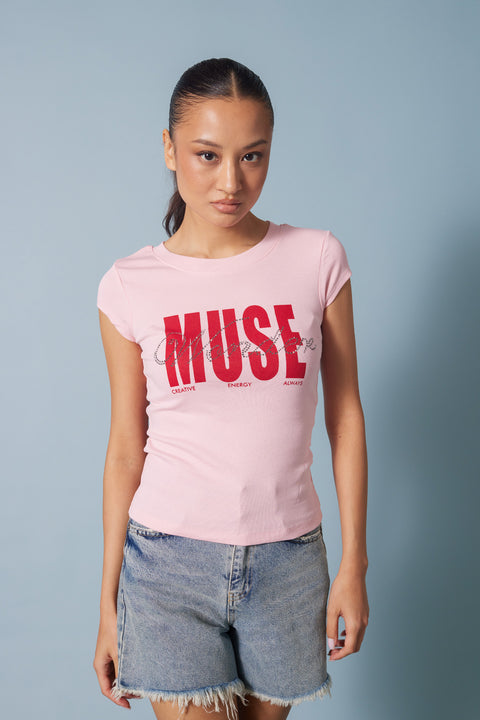 PEMBE — STRASS TAŞ BASKILI BİSİKLET YAKA T-SHIRT