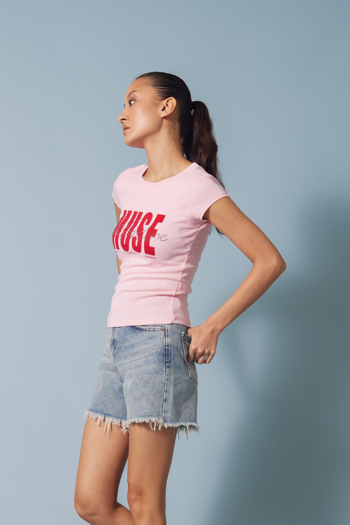 STRASS TAŞ BASKILI BİSİKLET YAKA T-SHIRT