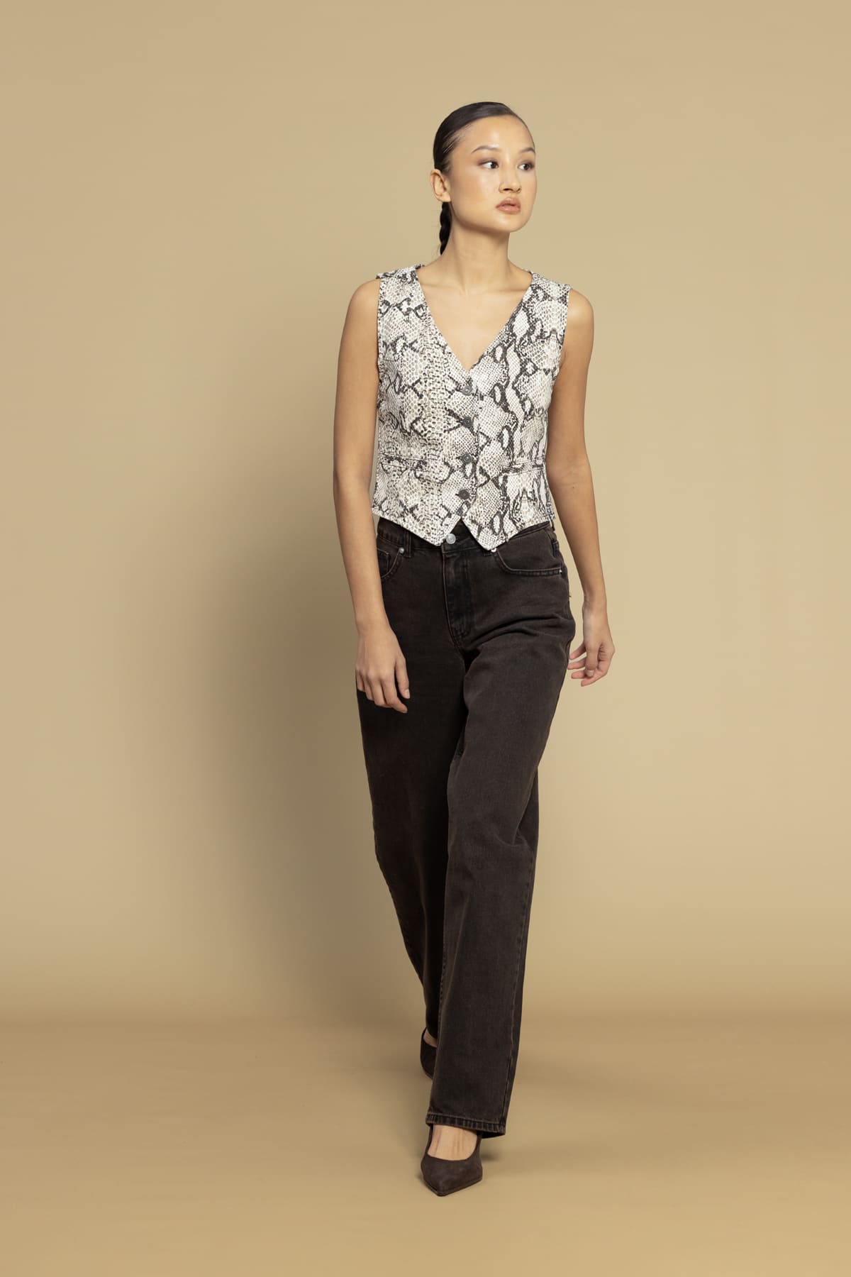 Snake Print Crop Maskülen V Yaka Düğmeli Yelek