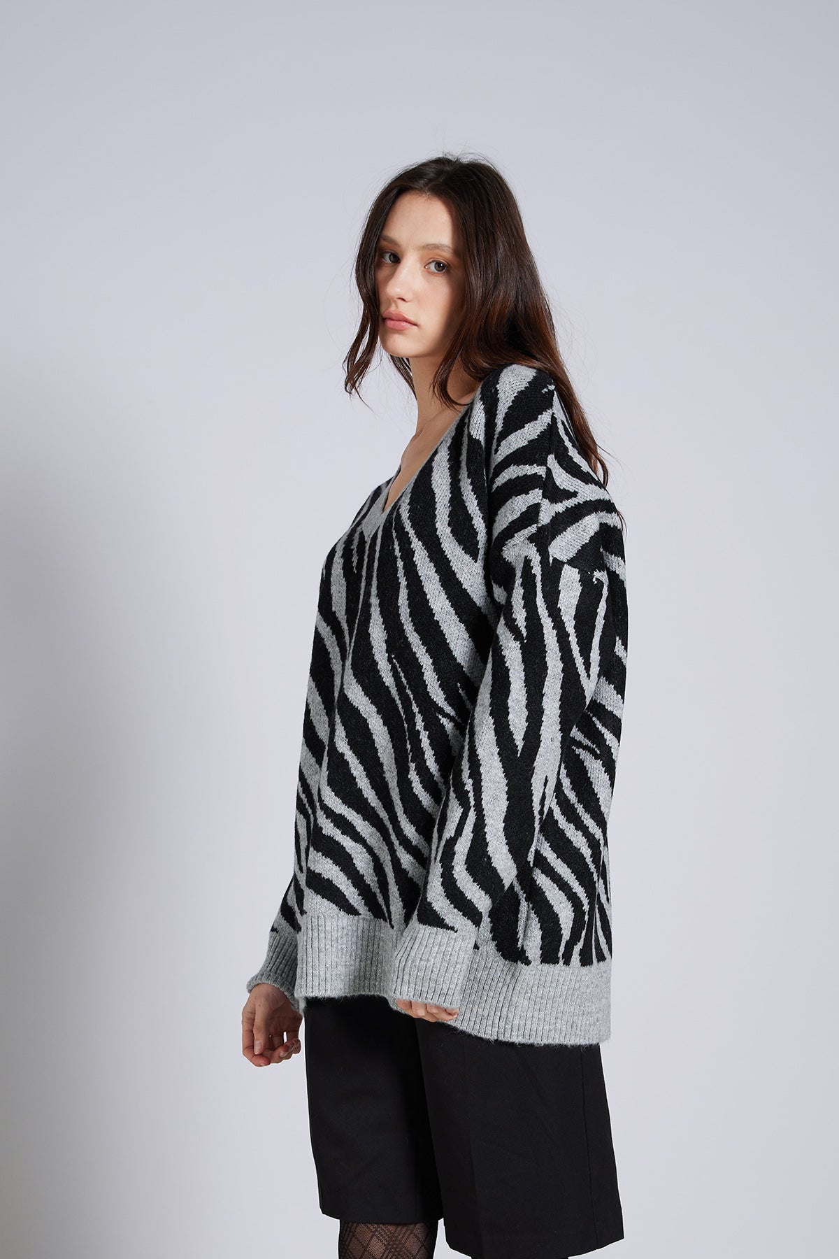 Zebra Desen V Yaka Triko Kazak